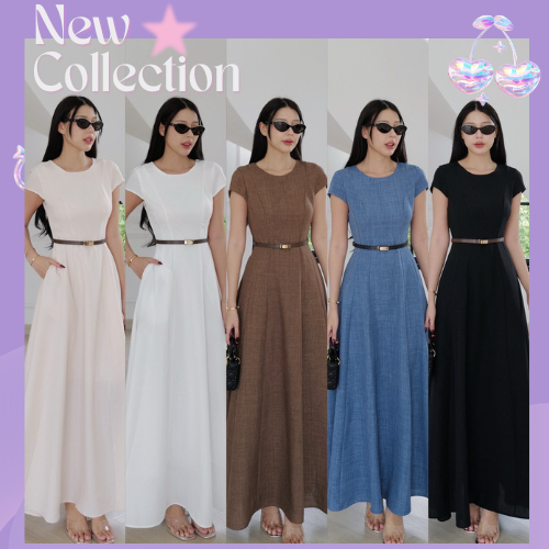 CHILL 🧸 Tag INTUON  ชุดเดรสยาวมีแขน + เข็มขัด แขนล้ำ เนื้อผ้าละเอียด   ผ้าลินิผสม