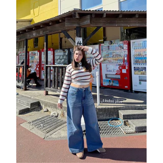 LindaaPlus-- กางเกงยีนส์สาวอวบ ขากระบอกใหญ่พิเศษรุ่น buggy jeans ดีเทลพ่นยับช่วงเอวด้านหน้า