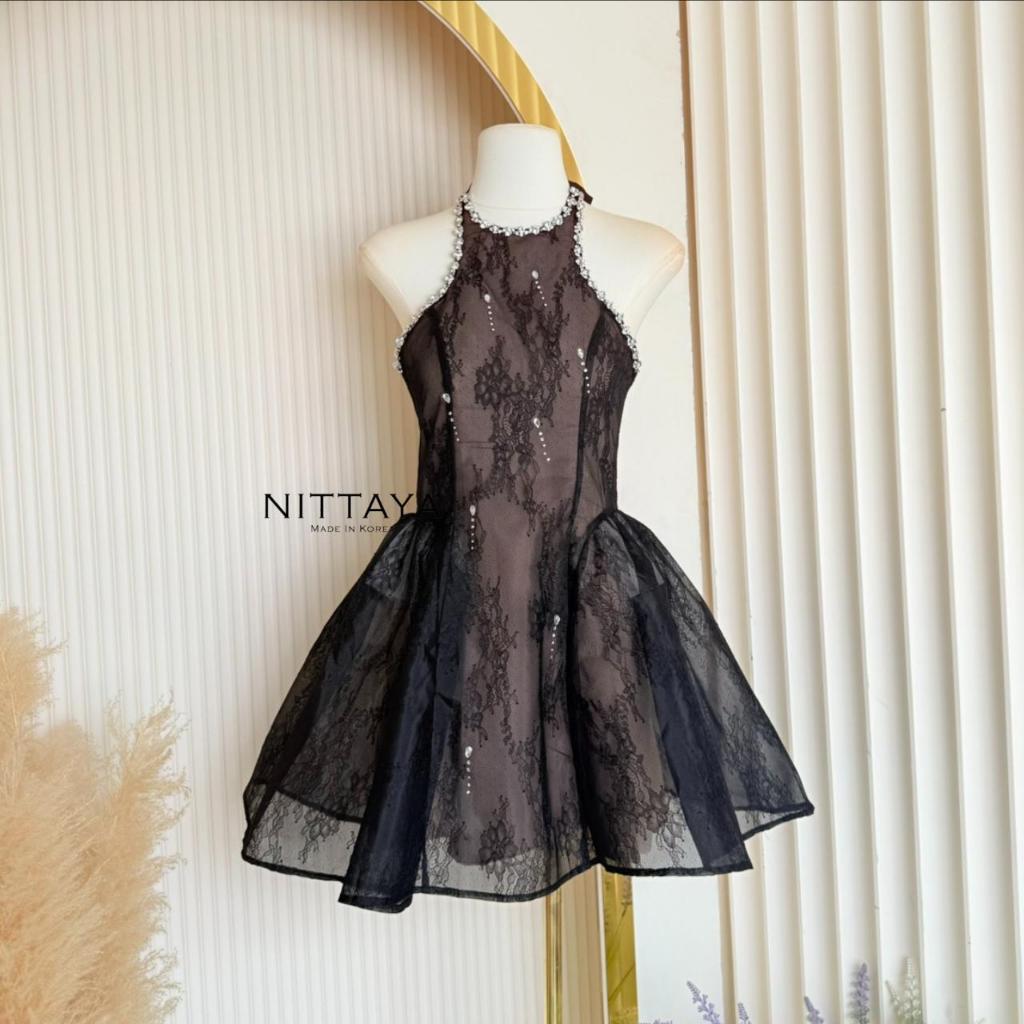 [NITTAYA] D2866 ชุดเดรสกระโปรงคล้องคอผูกโบว์เว้าแขนเพชรคริสตัลลูกไม้ซีทรูลัคซูสุด ใส่เที่ยว ดินเนอร์ ราคา ถูกที่สุด ดีลบีเคเค แกลเลอรีภาพที่ 5
