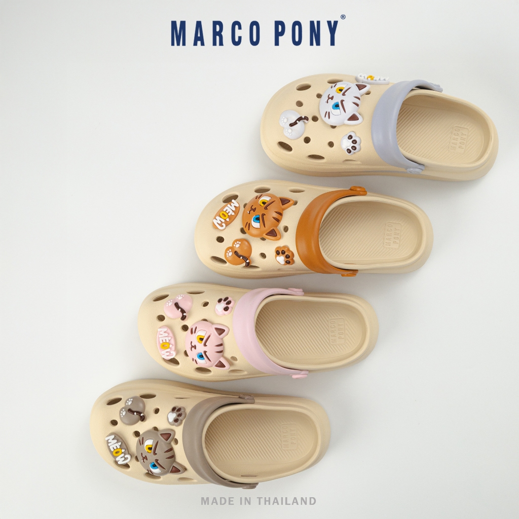 Marco Pony MH9039 รองเท้าหัวโตผู้หญิง ลายน้องแมวเหมียว มีสายรัดส้น น้ำหนักเบา ใส่สบาย กันลื่น