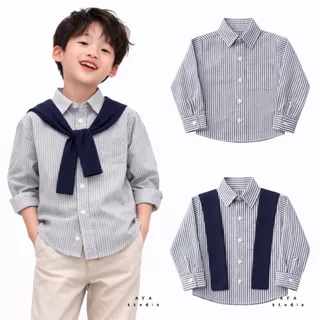 เสื้อเชิ้ตเด็กชาย 👦🏻 ผ้าออกซ์ฟอร์ด พร้อมผ้าพาดไหล่สีกรม แขนยาว 1-9 ขวบ ผลิตในไทย พร้อมส่ง 🚚 (แขนยาว)