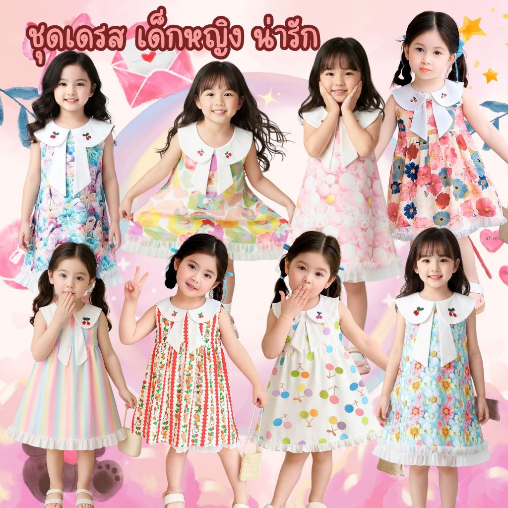 พร้อมส่ง ชุดเดรสน่ารักๆเหมาะสำหรับลูกสาว คอปกปักลายเชอร์รี่ แขนกุด เนื้อผ้าเบา ระบายอากาศ พิมพ์ลาย3มิติ สวมใส่สบาย