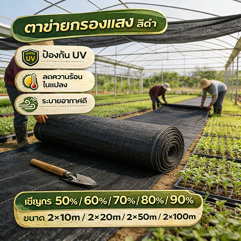 สแลนพรางแสง เกรดA เย็บ3เข็ม กันUV สวนผลไม้ คอกสัตว์ และที่จอดรถ เลือกเปอร์เซ็นต์ได้ ตามความต้องการของพืชแต่ละชนิด