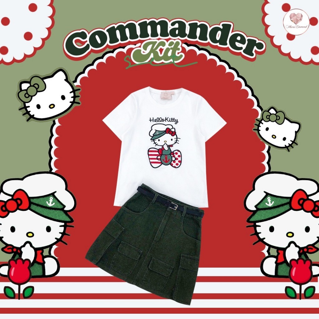 (มี3XL)  เซ็ต 3 ชิ้น Commander Kit Set เซ็ต เสื้อยืดงานปัก + กระโปรงยีนส์คาร์โก้สีเขียวทหาร + เข็มขัดสีดำ
