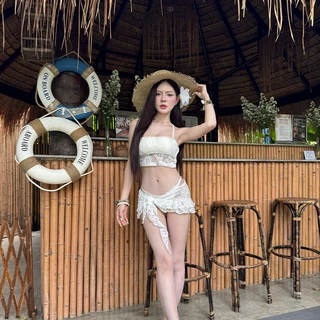 ส่งไว ชุดว่ายน้ำบิกินี่ 3 ชิ้น bikini sexy ผ้าลูกไม้สีขาว พร้อมกระโปรงซีทรู สไตล์เกาหลี#1029