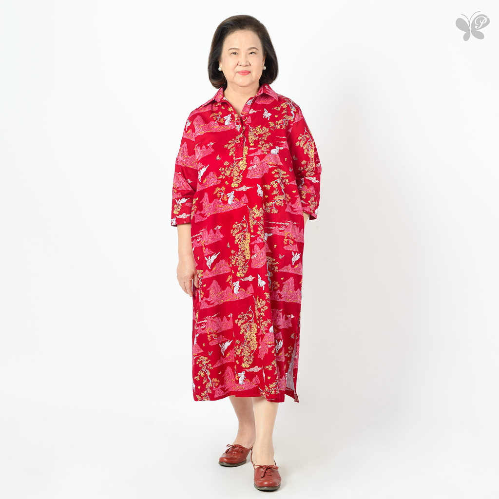 ชุดผู้สูงอายุ Shirt Dress - Legend of the Moon เดรสทรงหลวม พิมพ์ลายกระต่าย ผ้าCotton 100% กระเป๋าซ่อน (ใส่สบายได้ทุกวัย)