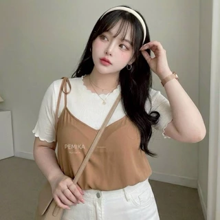 C49 🍬 [S - XXXXXL] เสื้อสาวอวบ เซ็ต 2 ชิ้น Layered Look สไตล์มินิมอล ดีเทลผูกไหล่สุดคิวท์ ใส่แล้วดูเพรียว พรางหุ่นได้ดี