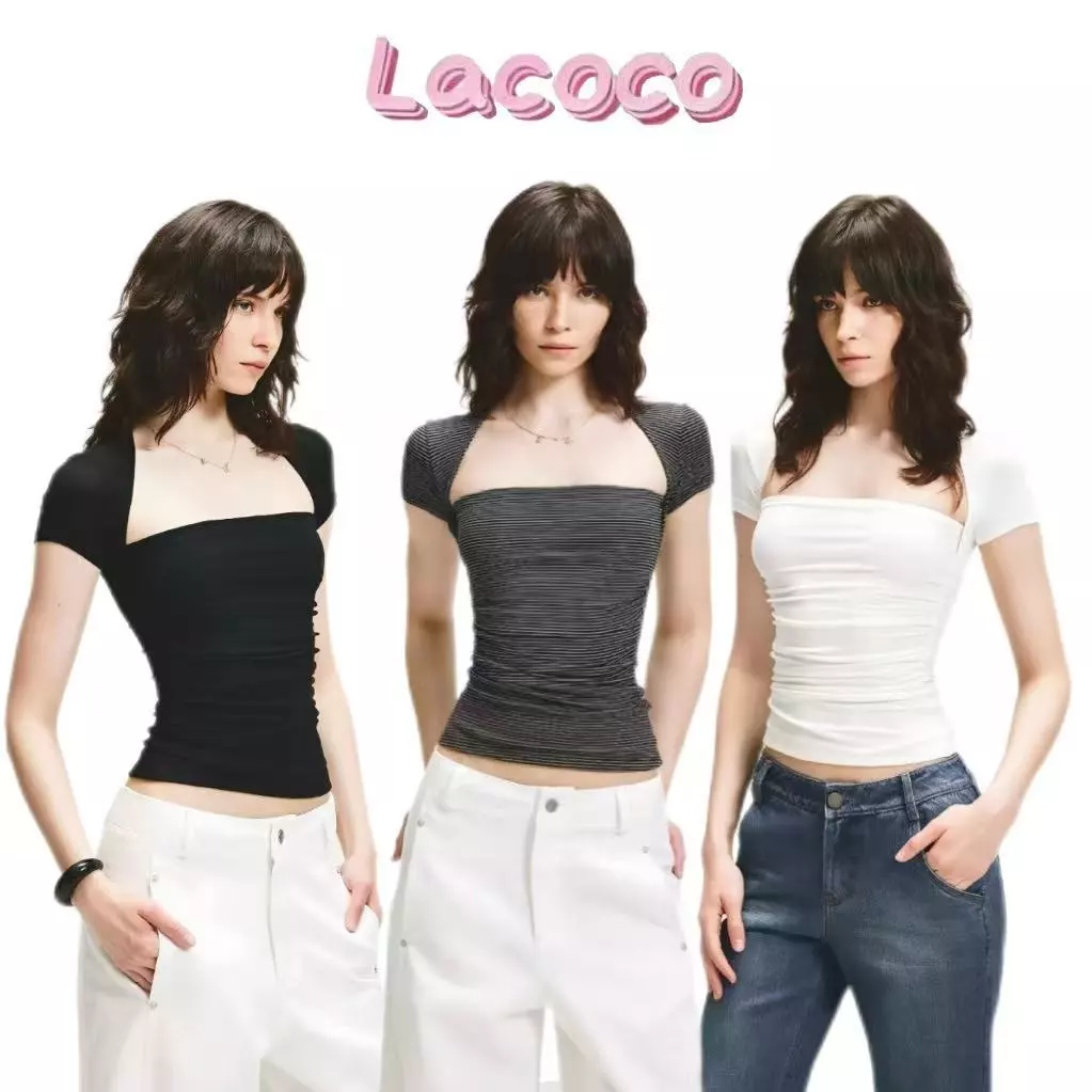 Lacoco🍓คลังสินค้าพร้อม🍓เสื้อยืดแขนสั้นคอเหลี่ยมสำหรับฤดูร้อน ดีไซน์เรียบง่าย ลำลอง เข้ารูป เซ็กซี่และสง่างามสำหรับผู้หญิ