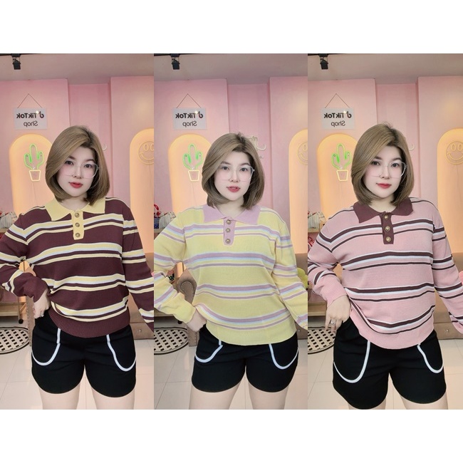 D24 ไหมพรมแขนยาวคอปกทูโทนกระดุมวินเทจ