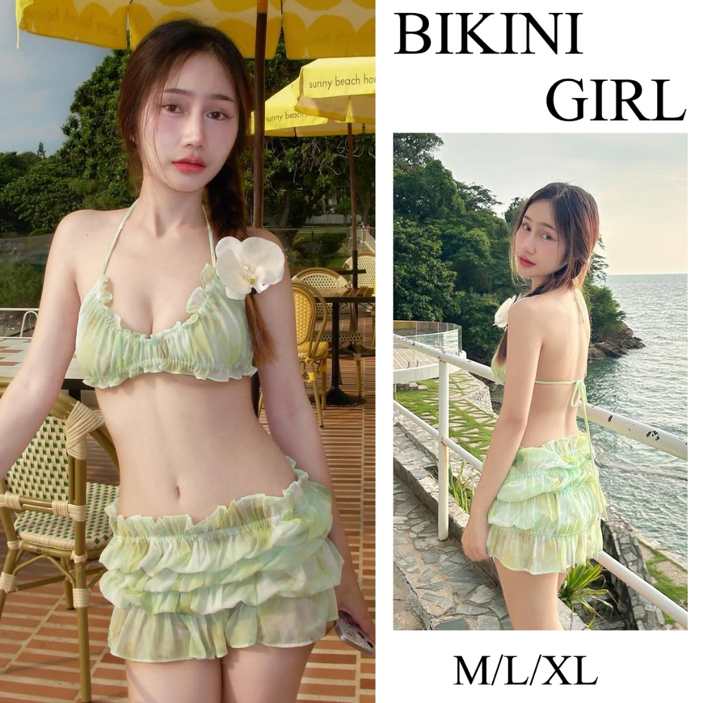 บิกินี่  sexy   ชุด 3 ชิ้น ผ้าชีฟอง ลายดอกไม้ ins  ย้อนยุค หวาน   ชุดไปทะเล   เอวสูง    ส่งไวจากไทย