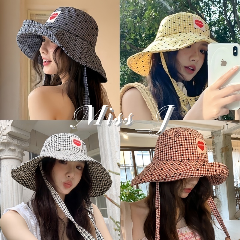 Miss_J พร้อมส่งจากกทม🎀ญี่ปุ่นพับรักลายสก๊อตหมวกชาวประมงปีกขนาดใหญ่หวานกลางแจ้งใบหน้าครอบคลุมหมวกอเนกประสงค์