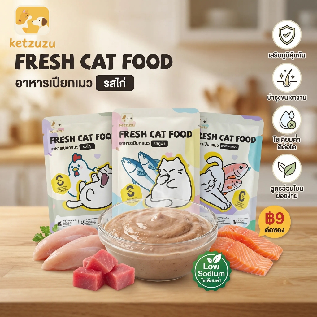 [ส่งจากไทย] Ketzuzu อาหารเปียกแมว (ซอง 70g) มีให้เลือก 3 รสชาติ โปรตีนสูง ไขมันต่ำ ไม่ใส่สารกันบูด