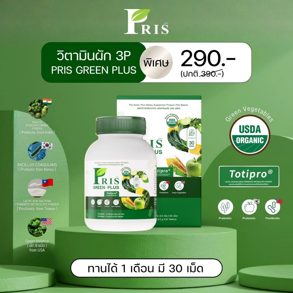 (ร้านหลักบริษัท) พริสกรีนพลัส วิตามินผัก3P ผักรวม 9 ชนิด Prebiotics Probiotics Postbiotics เคลียค้างคา ขยะค้างไส้
