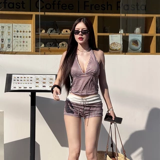 Victoria's Sunshine Bikini Set ชุดว่ายน้ำ ทูพีช ลายสก็อตสีน้ำตาลสุดคลาสสิก ดีไซน์คล้องคอ โชว์หลัง สไตล์ฤดูร้อนใหม่#1090