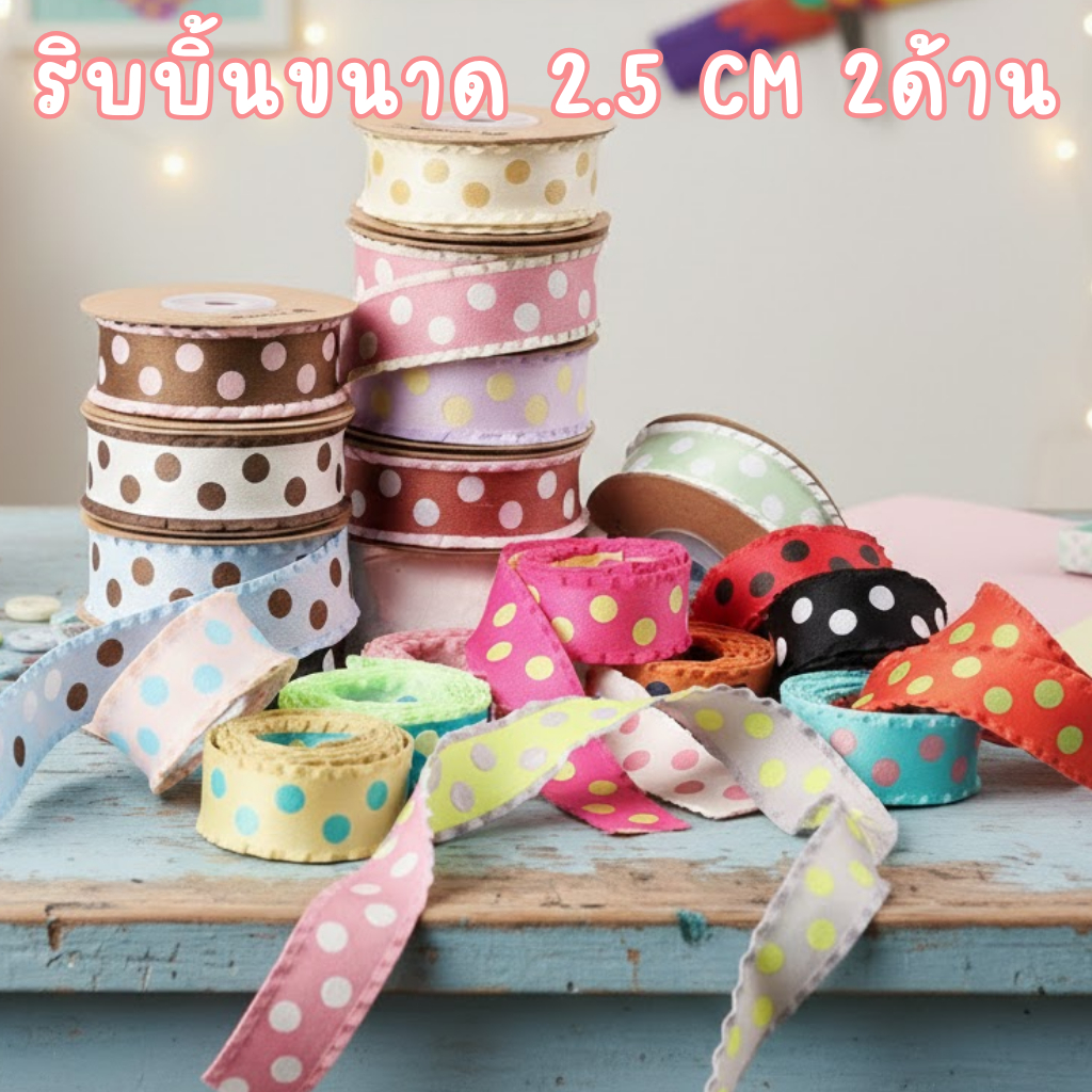 Ribbon R5 Polka Pop 🎀 ขอบหยัก 20 สีสดใส 🌈 2.5cm สองด้าน ลายจุดสุดคิ้วท์ ✨