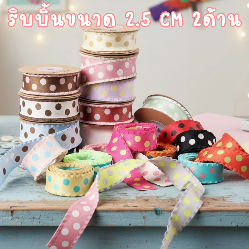 Ribbon R5 Polka Pop 🎀 ขอบหยัก 20 สีสดใส 🌈 2.5cm สองด้าน ลายจุดสุดคิ้วท์ ✨