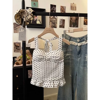 Lamoon【พร้อมส่ง】เสื้อฮอลเตอร์ผูกคอ ลายจุด/ลายตาราง ลุควินเทจสุดเก๋ #30572