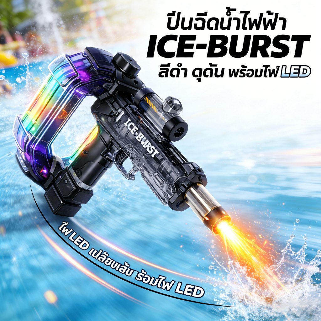 ปืนฉีดน้ำไฟฟ้าสุดเจ๋งที่ฉีดได้ต่อเนื่อง มีสีสันสดใสให้เลือก ทั้งลายน้ำแข็งและเปลวไฟ รวมถึงสีรุ้งสำหรับเทศกาลสงกรานต์