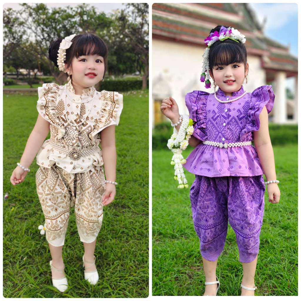 ชุดไทยลูกสาว ผ้าฝ้ายแขนแต่งระบาย ผ้าใส่สบาย (ไม่รวมเครื่องประดับ)