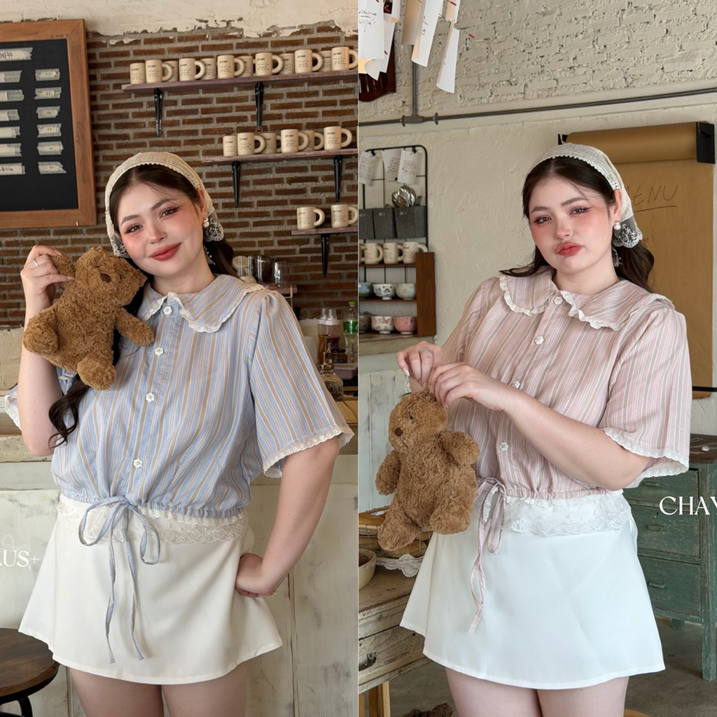 /LD/ เสื้อคอบัวแต่งลูกไม้ ไซส์อก40-52 ผ้าลายริ้วสุดฮิต แต่งเชือกผูกปรับเข้าทรงได้ #พลัสไซส์