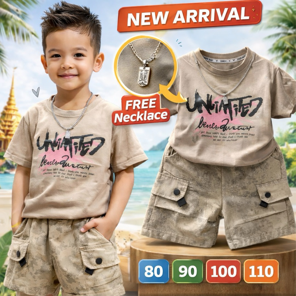 ชุดเด็กผู้ชาย เสื้อ+กางเกง มีสร้อยให้ หล่อเท่ ใส่สบาย