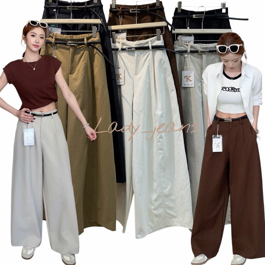Lady_jeans#9390(K)กางเกงขายาวทรงขากว้าง เอวสูง เอวยางยืดหลัง แถมเข็มขัด ผ้าไนลอนผสม ทรงมินิมอล ใส่ทำงาน/ลำลอง