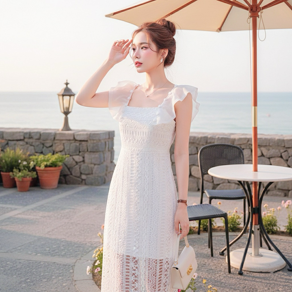 [NITTAYA] D2861 ชุดเดรสกระโปรงยาวแขนระบายแต่งกระดุมผ้าลายลูกไม้ สวยหรูดูแพงผู้ดี ใส่ออกงาน ดินเนอร์ งานแต่ง