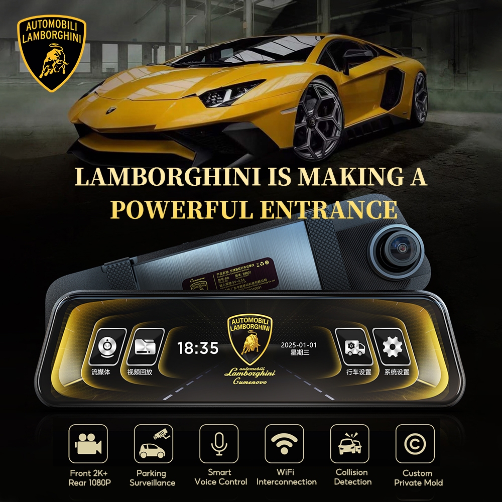 Lamborghini R8802 กล้องติดรถยนต์ WiFi, Dual recording 2K (2540*1440)+1080P, Screen size 9.66 inches