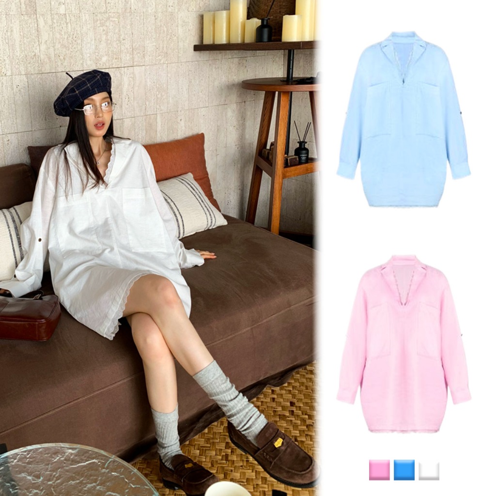KOKO#เสื้อคอวีผู้หญิง เสื้อเชิ้ตแขนยาวเรียบหรูระดับพรีเมี่ยม คอเสื้อลูกไม้เย็บปะติดปะต่อกัน สไตล์ยาว#W520