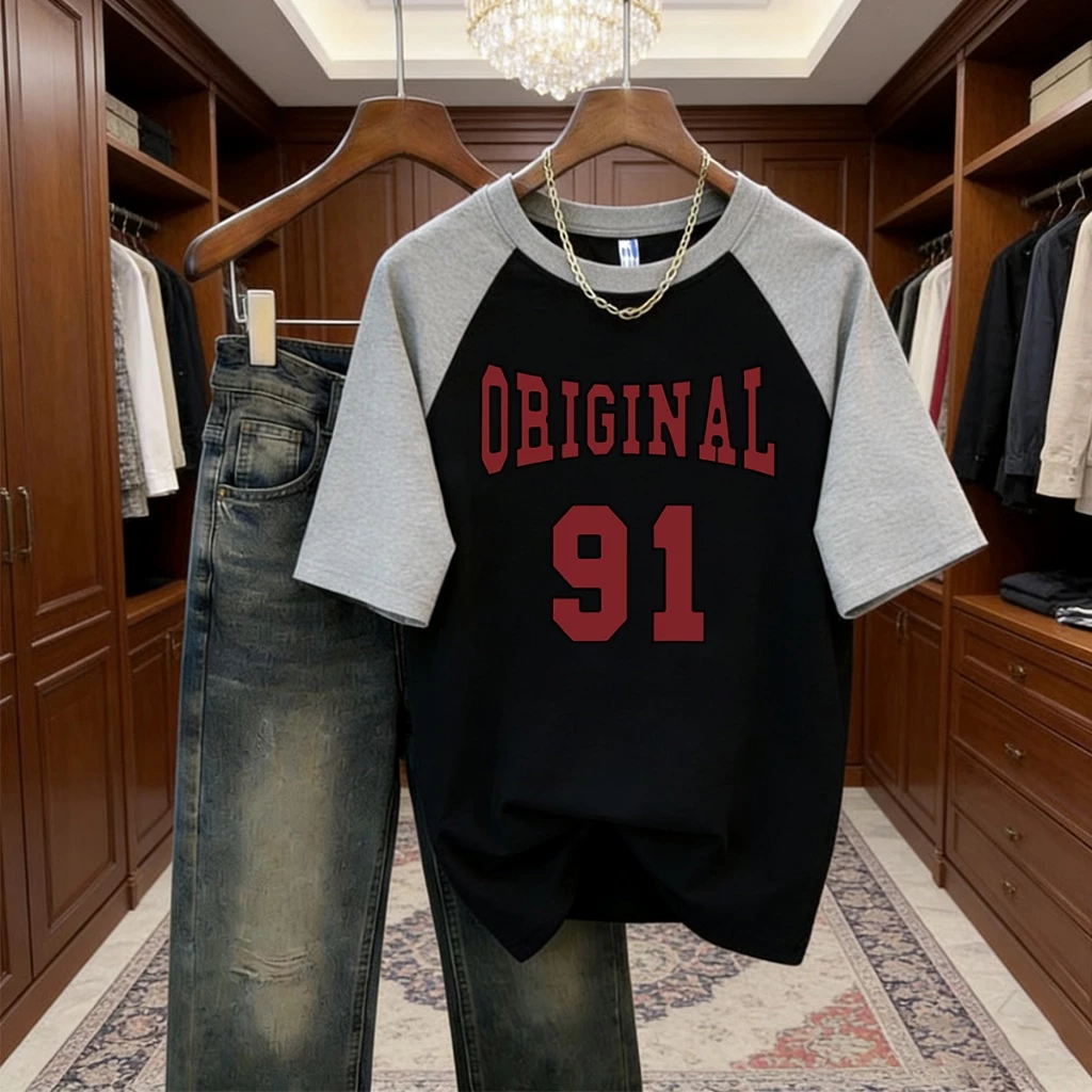 P-1419 เสื้อยืดแขนสั้น เสื้อทูโทนสุดเท่ ทรงปล่อยใส่ได้ทุกเพศ