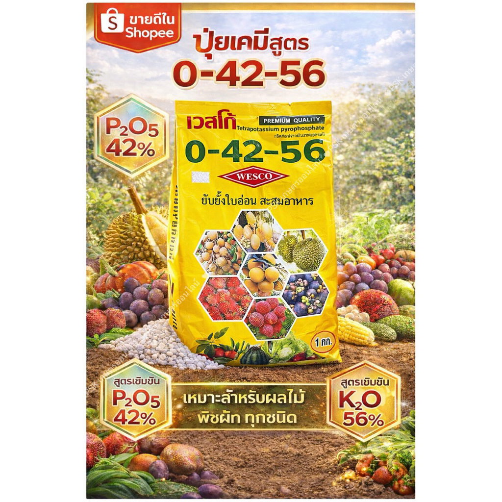 💥ปุ๋ยเกล็ด 0-42-56 สูตรยับยั้งใบอ่อน สะสมอาหาร ผลิตภัณฑ์จากประเทศเยอรมนี ขนาด 1 กิโลกรัม