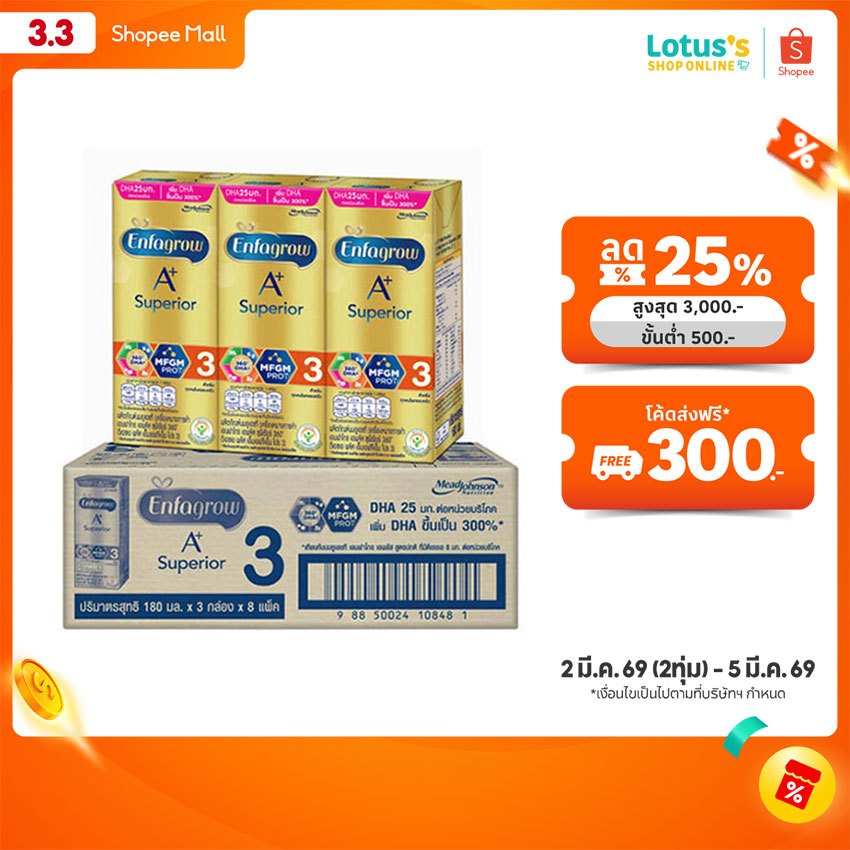 [ขายยกลัง!] เอนฟาโกร เอ พลัส ยูเอชที ซุพีเรียร์ สูตร 3 นมกล่อง รสจืด 180 มล. นมกล่องยกลัง 24 กล่อง ENFAGROW A+ UHT SUPER สินค้า
