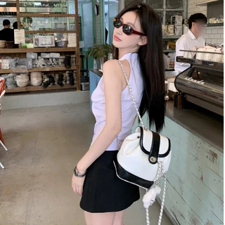 Paula พร้อมส่ง🌴เสื้อเชิ้ตแขนกุด🌴ชุด2ชั้น คอวี ลายริ้ว โชว์ไหล่ เสื้อครอปทรงรัดรูป สําหรับผู้หญิง สไตล์ลําลอง