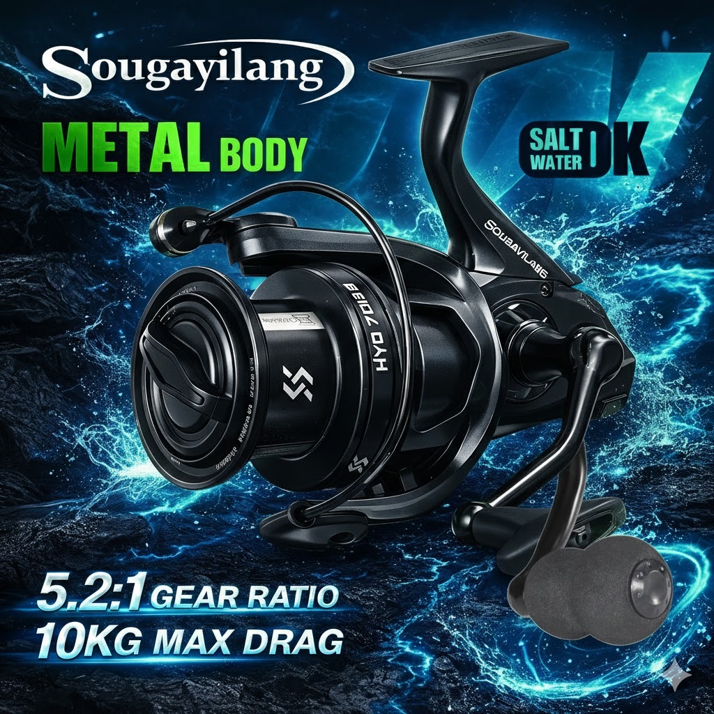 Sougayilang น้ำหนักเบาหมุนปลารีล 5.2: 1 อัตราส่วนเกียร์ 1000-4000 ซีรีส์ล้อเรียบค่าดึงสูงสุด 10KG