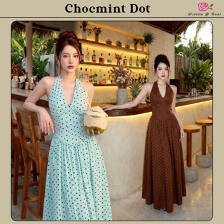 Chocmint Dot Dress เดรสยาวคล้องคอ เนื้อผ้าไนลอน พิมพ์ลายโพกา…
