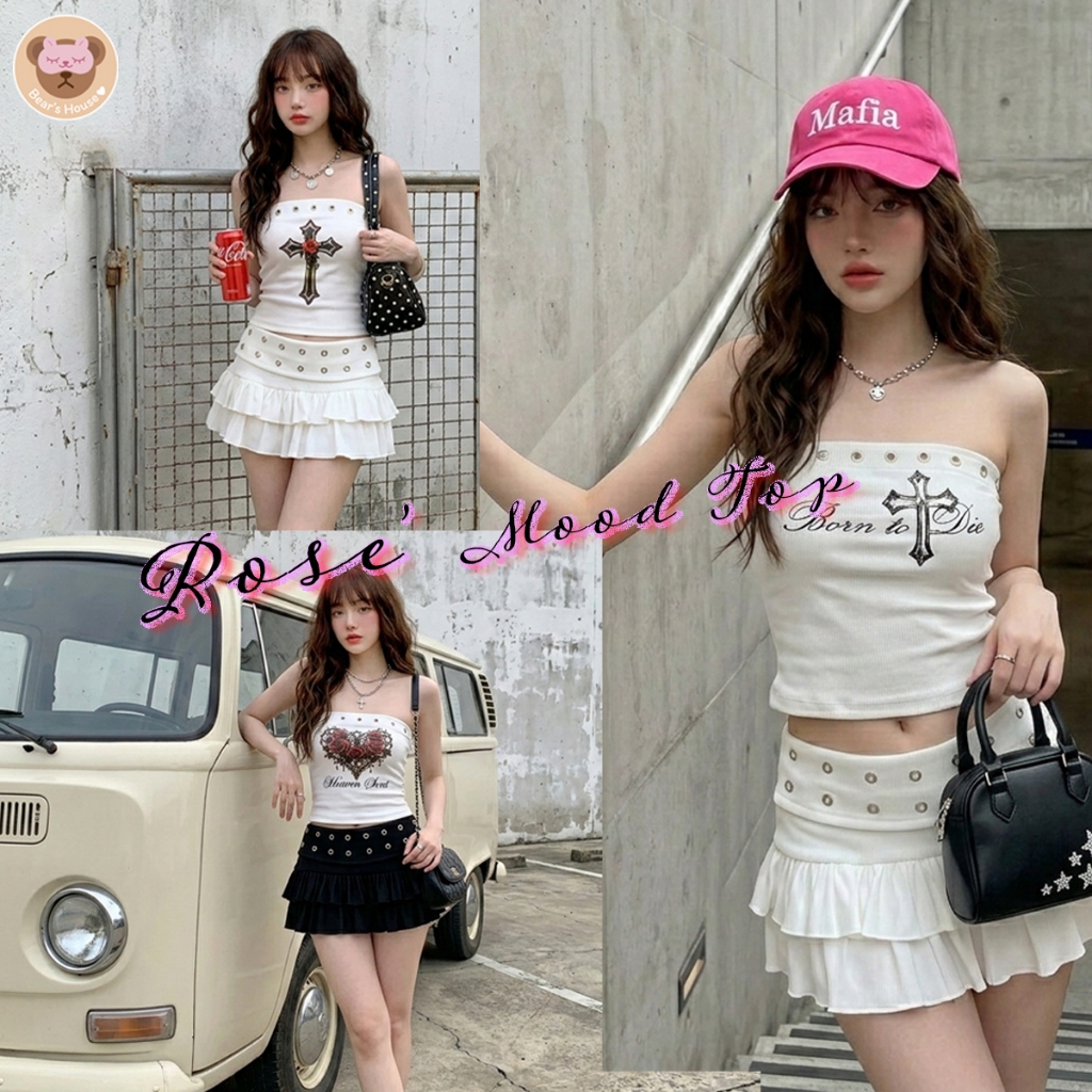 Rose Mood Top เสื้อเกาะอกหมุดตาไก่พิมพ์ลายผ้าร่องยืดได้เยอะ