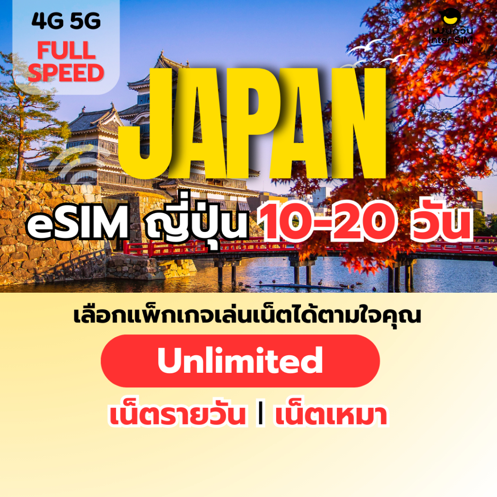 (ทักแชท ก่อนสั่งซื้อ) eSIM Japan 5G/4G อีซิม ญี่ปุ่น เน็ตไม่จำกัด เน็ตรายวัน เน็ตเหมา เลือกได้ 10-20