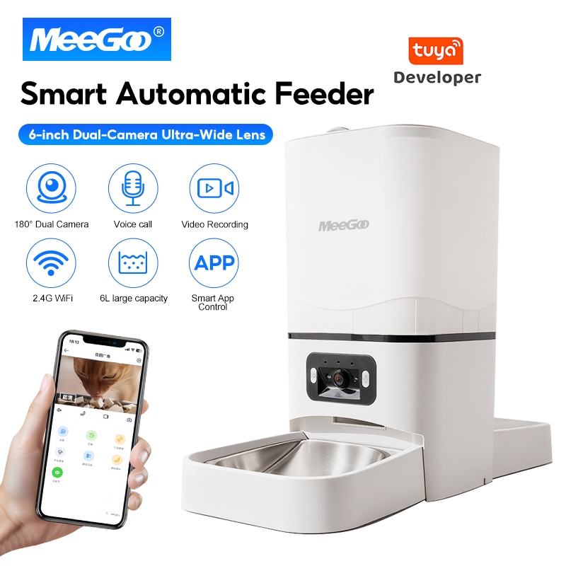 MeeGoo 6L เครื่องให้อาหารอัตโนมัติ Dualtray พร้อมก2ล้องวิดีโอ Smart Pet Feeder Tuya Wifi สุนัข แมว