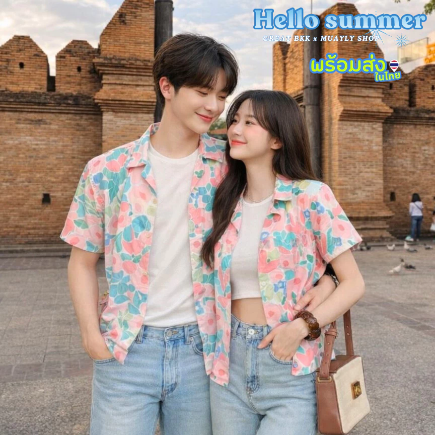เสื้อฮาวาย ลายดอกชมพูอ่อน สีพาสเทล แขนสั้น สไตล์เกาหลี 2026 thumbnail 3