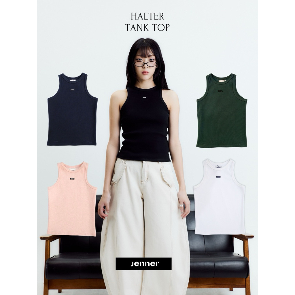 JENNER - HALTER TANK TOP เสื้อกล้ามผ้าร่องสีพื้น ผ้าหนากระชับ เสื้อกล้ามสีขาวไม่บาง เสื้อแขนกุด