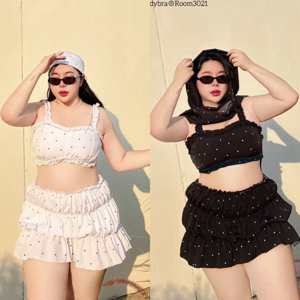 /TB/ ชุดเซ็ต3ชิ้น Polka Dot มีไซส์อก40-52 เสื้อครอปมีฟองน้ำ+กระโปรงมีซับในกางเกง+ผ้าคลุม #พลัสไซส์