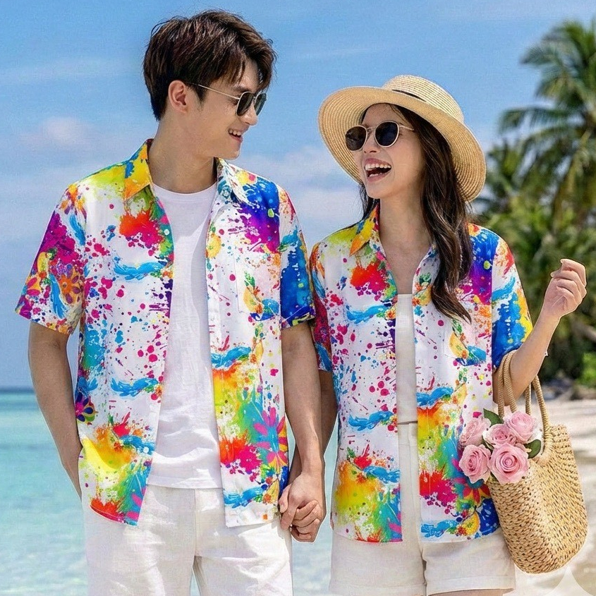 P021เสื้อฮาวายลายใหม่2026 สาดสีลายดอก ทรงวัยรุ่น หญิงชายใส่ได้ ผ้าโพลีพรีเมี่ยม ไซส์38-56นิ้ว งานปัายKTIERออกแบบเอง*1ตัว