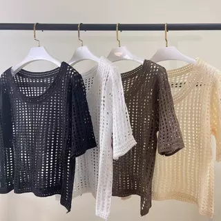 เสื้อถักแขนสั้นสไตล์เกาหลีสำหรับผู้หญิง ดีไซน์โปร่งบางเบา เหมาะสำหรับฤดูร้อน เสื้อคลุมคอกลม ดีไซน์เรียบง่าย