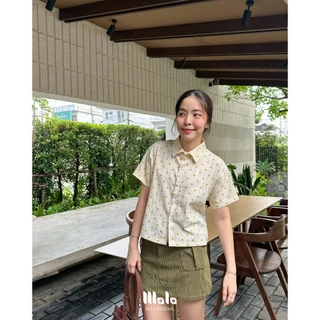 MalaOriginal |【พร้อมส่ง】Mini Polkadot Crop Shirt 🍪 เสื้อเชิ้ตครอป แขนสั้น ลายจุดขาวดำ จุดเล็ก ขนาดกำลัง
