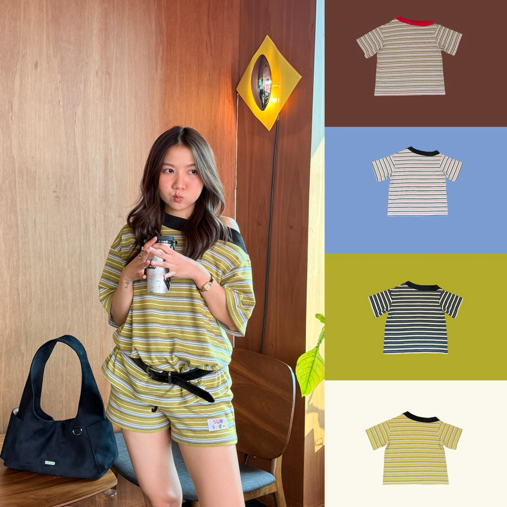 SUNTUDIO l Nemo Shirt stripe เสื้อแขนสั้น ปาดไหล่ โอเวอร์ไซส์