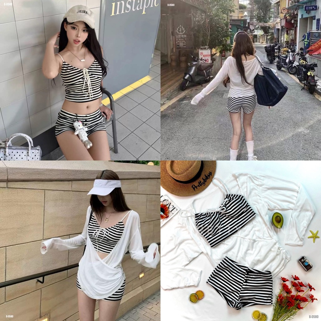 B-0580👉 ชุดว่ายน้ำ ทูพีชขาสั้น black&white ลุคชิลๆ แต่ทำให้ใจสั่นได้ทั้งวัน น่ารักก็ได้ เซ็กซี่ก็ดี ลงตัวไปหมดเลยค่ะ🤍🖤