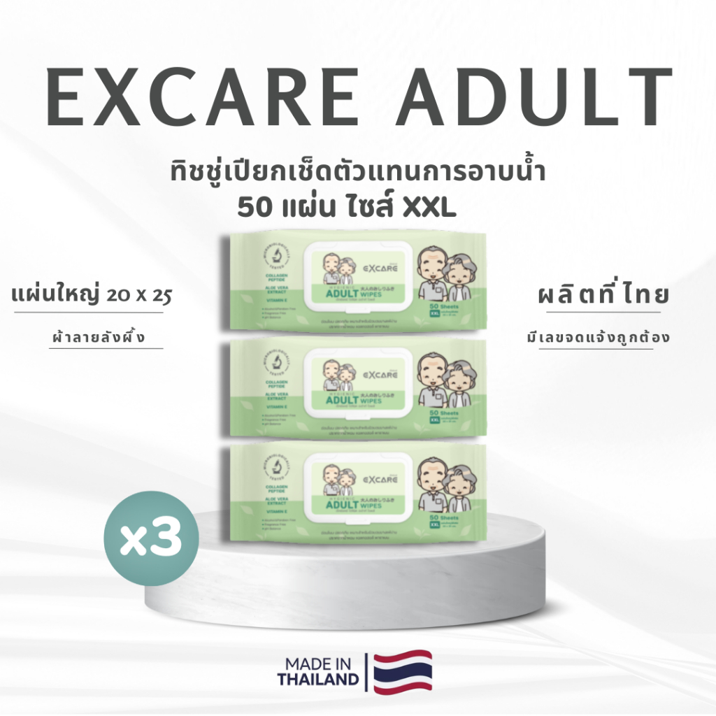 (แพ็คx3)ทิชชู่เปียกสำหรับผู้ใหญ่  EXCARE ADULT Wipes XXL 50แผ่นใหญ่  ผ้านุ่มชุ่มชื่น แผ่นใหญ่พิเศษ