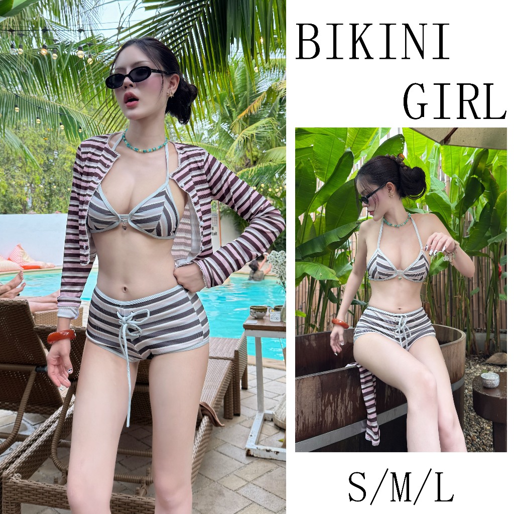 ทูพีช  bikini  ชุดว่ายน้ำ   ลายทางสไตล์เรโทร  ดีไซน์แบบผูกเชือก   เอวสูง   ชุดไปทะเล   แฟชั่น ins   ส่งไวจากไทย