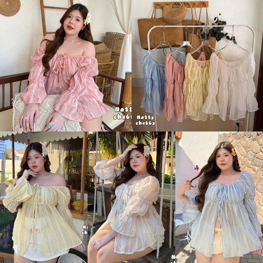 /NT/ เสื้อปาดไหล่ทรงญาญ่า ไซส์อก38-50 ผ้าโรซี่พิมพ์ลาย บางๆ พริ้วๆ ผูกโบว์อก โทนสีพาสเทล น่ารักมาก #พลัสไซส์