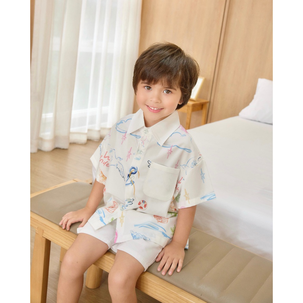 VACAY INDEED | Mini Diddy Shirt ลาย Summer Cruise  เสื้อเชิ๊ตเด็กผู้ชาย มีกระเป๋า / พร้อมส่ง